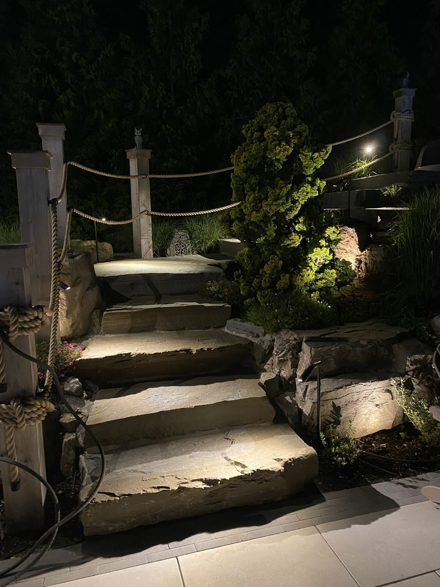 Stone steps and plantings lit by low-voltage landscape lighting